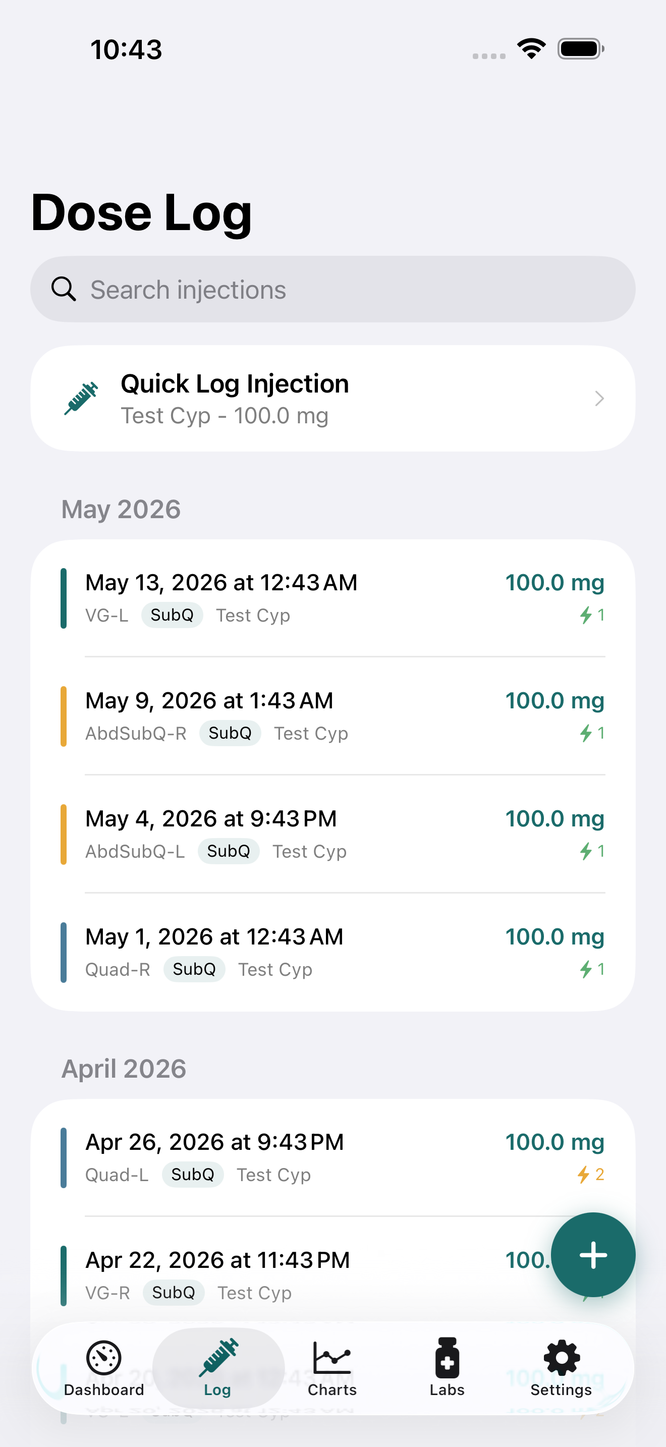 PinPoint dose log — a chronological list of recorded testosterone injections with dose, ester, and timestamp.