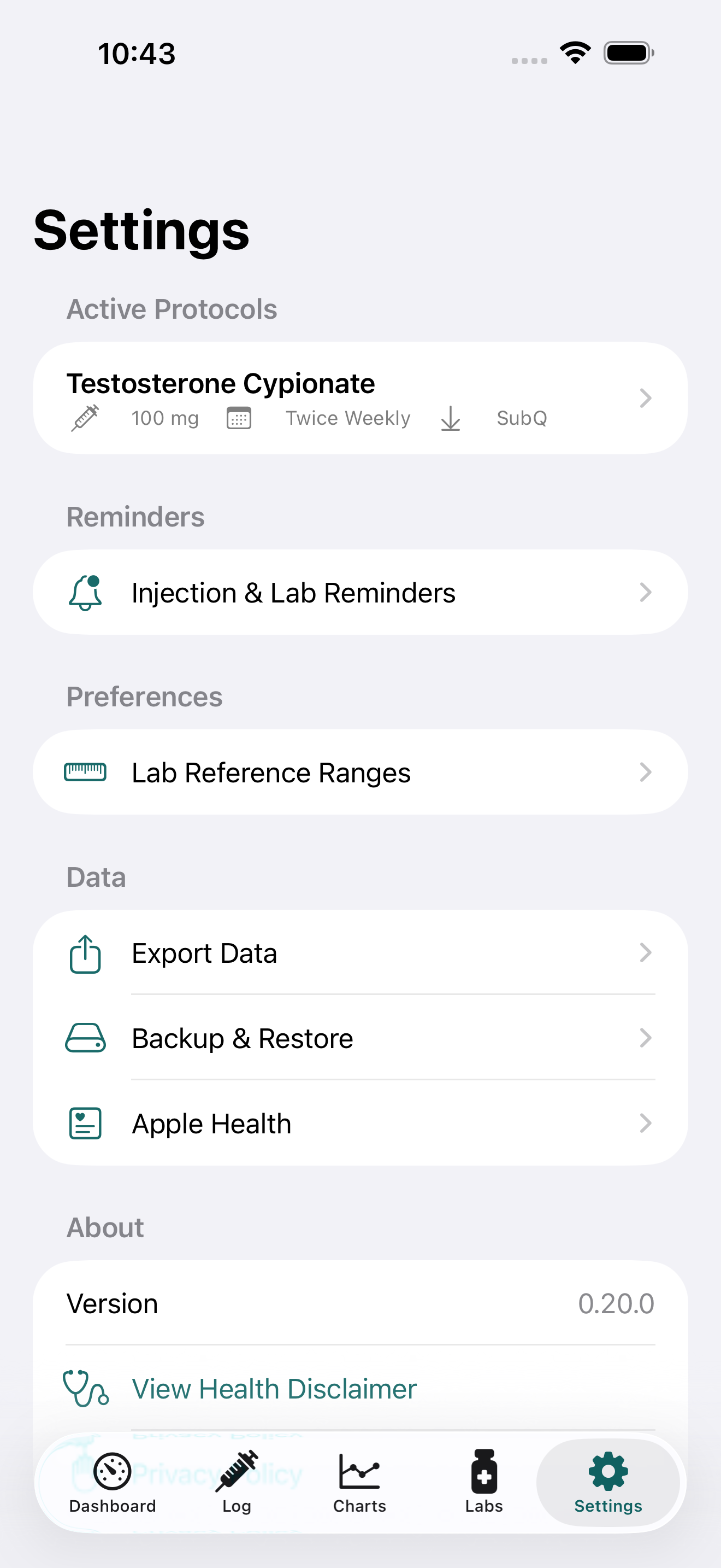 PinPoint settings — top of the settings screen showing reminder, HealthKit, and reference-range controls.