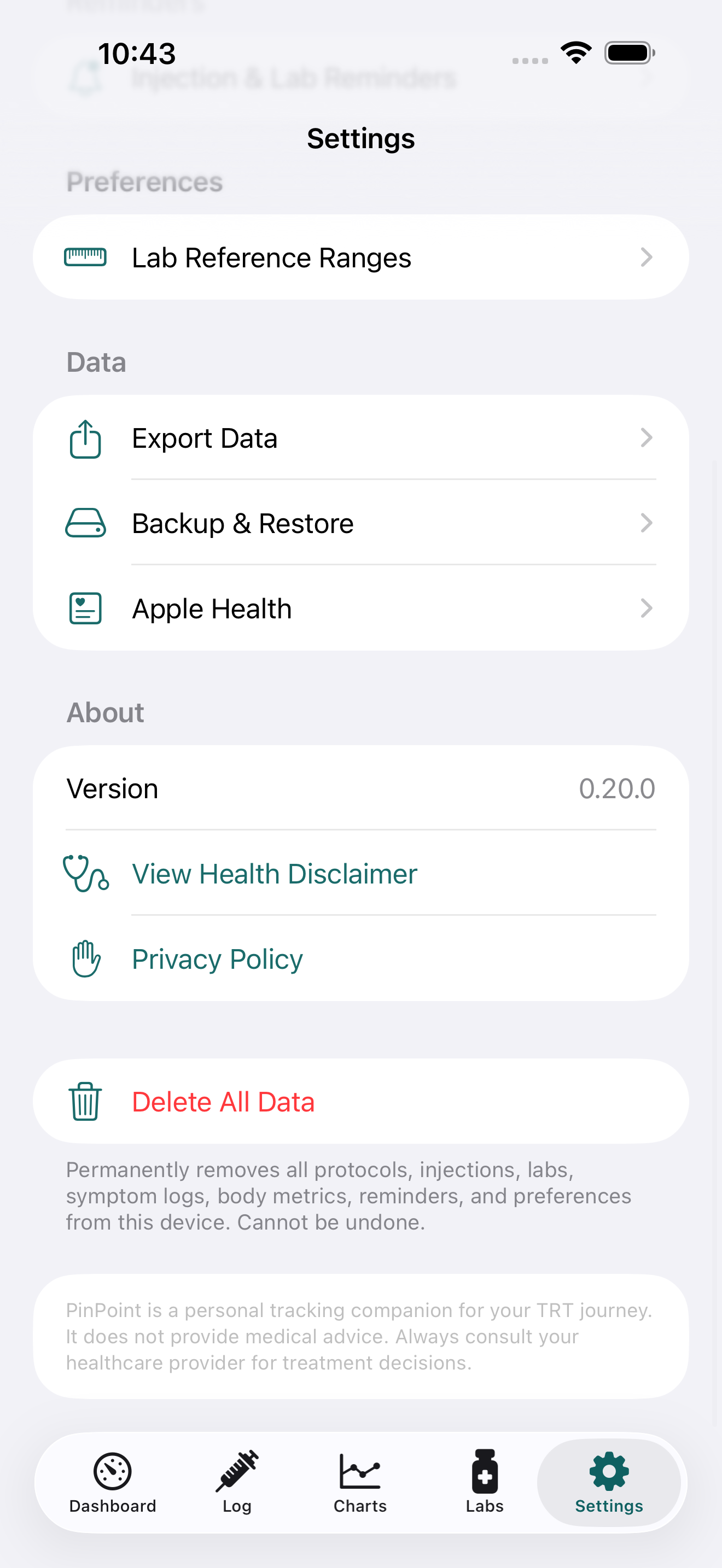 PinPoint settings scrolled — the Export Data button and the Delete All Data destructive action are visible.